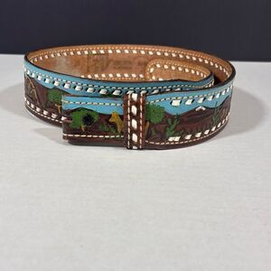 Sheyenne Leather Tooled Embroidered Painted Western Coyote Belt SZ 34
